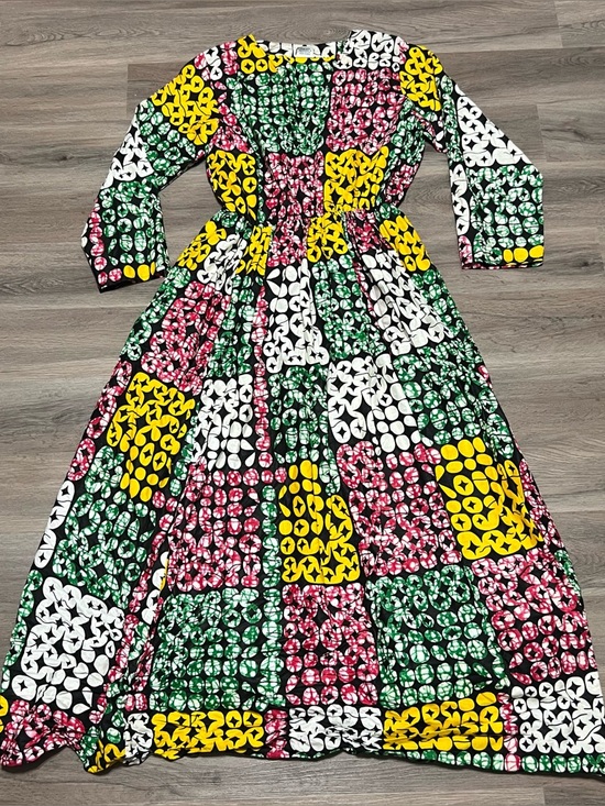 African Stars Dresses & Skirts - African Stars One Size Maxi Dress White Green Long Sleeve Cotton Tribal Ethnic